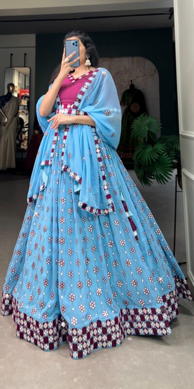 Choli LNB 1733 Sky Blue Georgette Mirror Work & Embroidery Work Lehenga in . Now at just ₹1999. Delivery 4-6 Working Days. Shop now. | Creative Lehenga, Bollywood Lehenga, Designer Lehenga, Embroidered Lehenga, Lehenga, Party Wear Lehenga