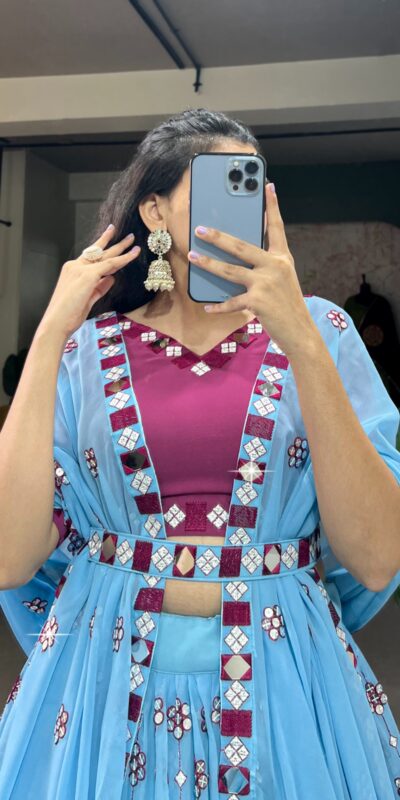 Choli LNB 1733 Sky Blue Georgette Mirror Work & Embroidery Work Lehenga in . Now at just ₹1999. Delivery 4-6 Working Days. Shop now. | Creative Lehenga, Bollywood Lehenga, Designer Lehenga, Embroidered Lehenga, Lehenga, Party Wear Lehenga