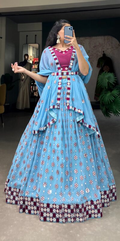 Choli LNB 1733 Sky Blue Georgette Mirror Work & Embroidery Work Lehenga in . Now at just ₹1999. Delivery 4-6 Working Days. Shop now. | Creative Lehenga, Bollywood Lehenga, Designer Lehenga, Embroidered Lehenga, Lehenga, Party Wear Lehenga