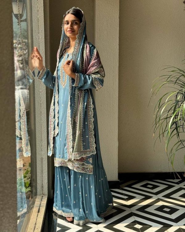 Sky Blue Georgette Sequins Work Embroidery Slawar Suit