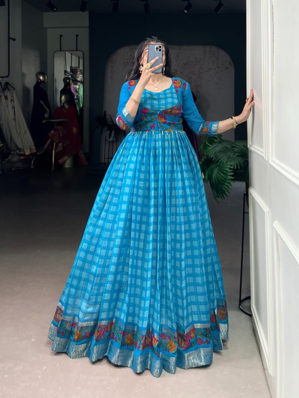 Sky Blue Polyester Viscose Chanderi Gown