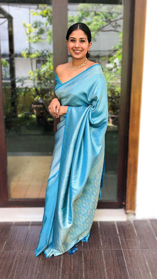 Sky Blue Soft Lichi Silk Lace Work Saree