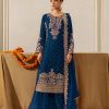 Teal Faux Georgette Lace Work Salwar Suit