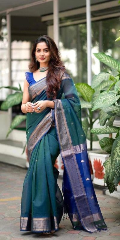 Teal Lichi Silk Jacquard Border Saree