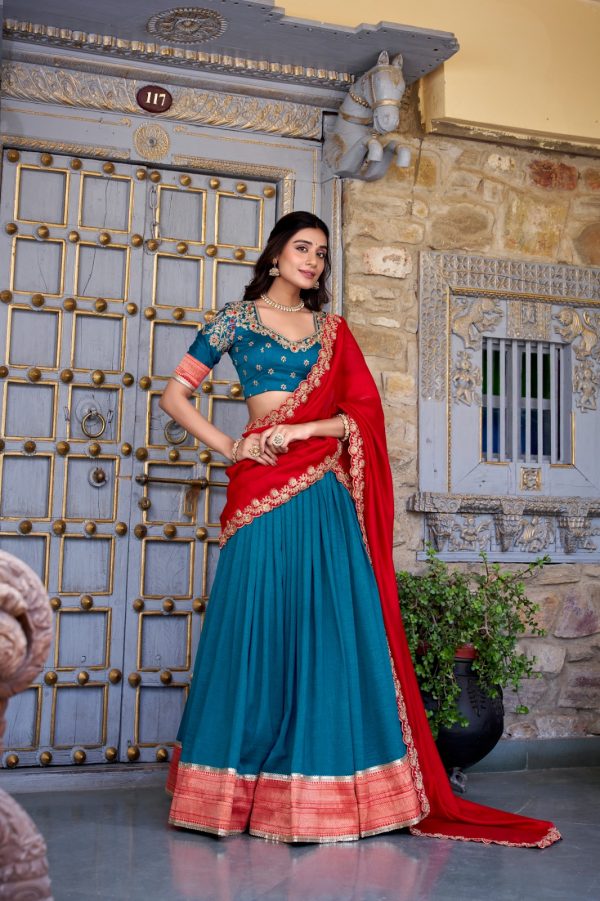 Teal Vichitra Silk Embroidery Zari Work Lehenga Choli