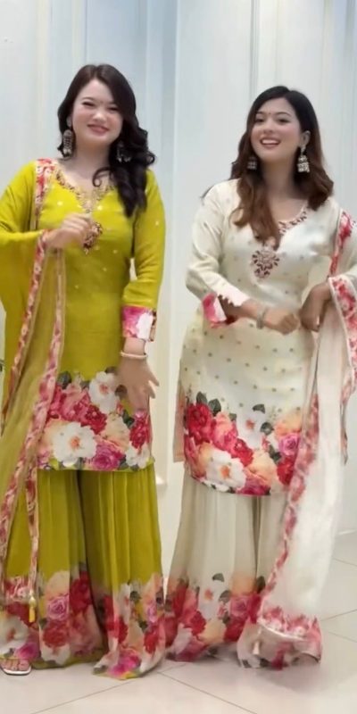 SRK 5301 White Heavy Faux Georgette With 5mm Embroidery Sequence Work With Digital print Full Sleeve Salwar Suit Wedding, Party, 4-6 Working Days At 1999 | Casual Suits, Jump Suits, Creative suits, Designer Suits, Palazzo Suits, Party Wear Suits, Patiala Suits, Salwar suit, Straight Suits