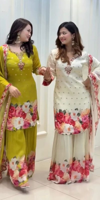 SRK 5301 White Heavy Faux Georgette With 5mm Embroidery Sequence Work With Digital print Full Sleeve Salwar Suit Wedding, Party, 4-6 Working Days At 1999 | Casual Suits, Jump Suits, Creative suits, Designer Suits, Palazzo Suits, Party Wear Suits, Patiala Suits, Salwar suit, Straight Suits