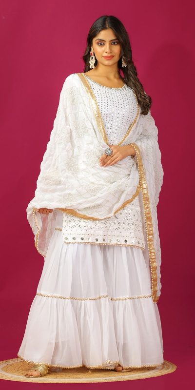 SR 1671 White Georgette Salwar Suit Perfect for Wedding, Party, Cultural Events, Temple Visit, Lohri Now at just ₹1799. Delivery 4-6 Working Days. | Casual Suits, Jump Suits, Tops & Bottoms, Track Suits, Trendy Wear, Creative suits, Designer Suits, Palazzo Suits, Party Wear Suits, Patiala Suits, Salwar suit, Straight Suits