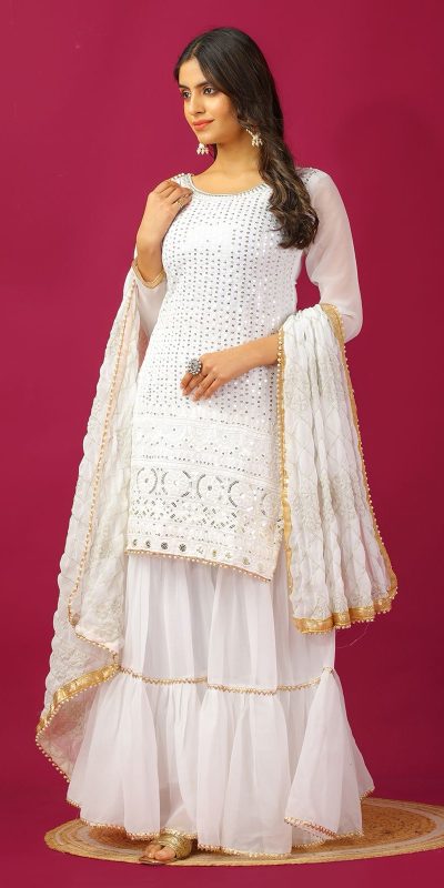 SR 1671 White Georgette Salwar Suit Perfect for Wedding, Party, Cultural Events, Temple Visit, Lohri Now at just ₹1799. Delivery 4-6 Working Days. | Casual Suits, Jump Suits, Tops & Bottoms, Track Suits, Trendy Wear, Creative suits, Designer Suits, Palazzo Suits, Party Wear Suits, Patiala Suits, Salwar suit, Straight Suits