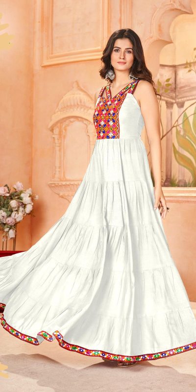 INLI Ghumati White Heavy Rayon with Lace Work & Gamthi Work Gown . Get it for ₹1749. Delivery 4-6 Working Days. Shop now. | Bollywood Gowns, Creative Gowns, Designer Gowns, Embroidered Gowns, Gowns, Party Wear Gowns