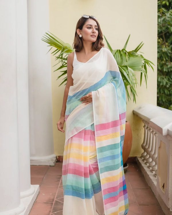 White Soft Cotton With Digital Print Saree