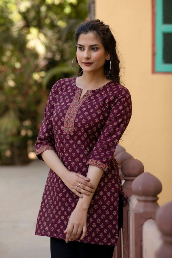 Wine Cotton Printed Kurti