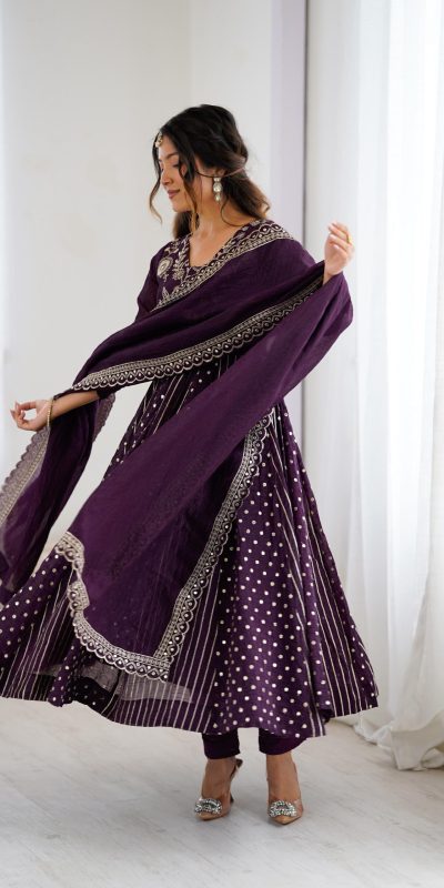 SRK 5293 Wine With Crunchy Silk With Fully Flair with Lace Work & Embroidery Work Anarkali Gown . Introductory Price ₹2149. Delivery 4-6 Worki | Bollywood Gowns, Creative Gowns, Designer Gowns, Embroidered Gowns, Gowns, Party Wear Gowns