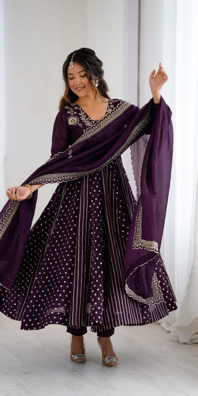SRK 5293 Wine With Crunchy Silk With Fully Flair with Lace Work & Embroidery Work Anarkali Gown . Introductory Price ₹2149. Delivery 4-6 Worki | Bollywood Gowns, Creative Gowns, Designer Gowns, Embroidered Gowns, Gowns, Party Wear Gowns