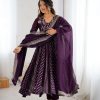 SRK 5293 Wine With Crunchy Silk With Fully Flair with Lace Work & Embroidery Work Anarkali Gown . Introductory Price ₹2149. Delivery 4-6 Worki | Bollywood Gowns, Creative Gowns, Designer Gowns, Embroidered Gowns, Gowns, Party Wear Gowns