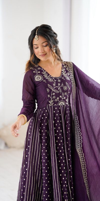 SRK 5293 Wine With Crunchy Silk With Fully Flair with Lace Work & Embroidery Work Anarkali Gown . Introductory Price ₹2149. Delivery 4-6 Worki | Bollywood Gowns, Creative Gowns, Designer Gowns, Embroidered Gowns, Gowns, Party Wear Gowns