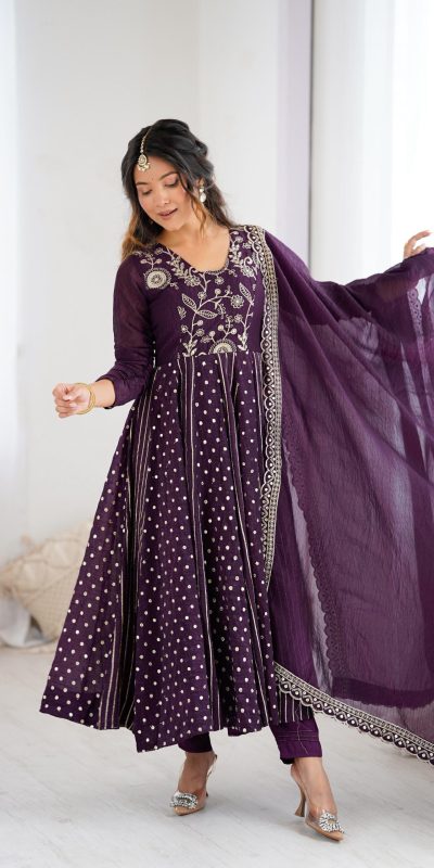 SRK 5293 Wine With Crunchy Silk With Fully Flair with Lace Work & Embroidery Work Anarkali Gown . Introductory Price ₹2149. Delivery 4-6 Worki | Bollywood Gowns, Creative Gowns, Designer Gowns, Embroidered Gowns, Gowns, Party Wear Gowns