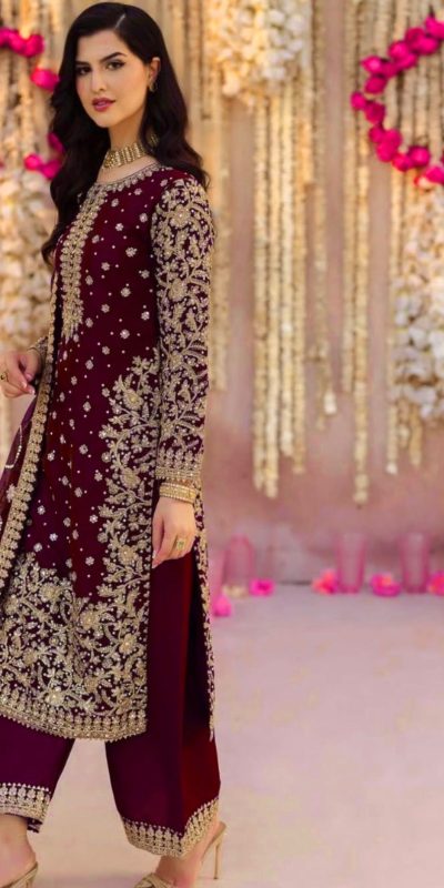 SRK 5238 Wine Faux Georgette With 5mm Embroidery Sequence Work with Beads Work Wedding, Party, Festive, Events, 4-6 Working Days At 2399 | Casual Suits, Jump Suits, Creative suits, Designer Suits, Palazzo Suits, Party Wear Suits, Patiala Suits, Salwar suit, Straight Suits