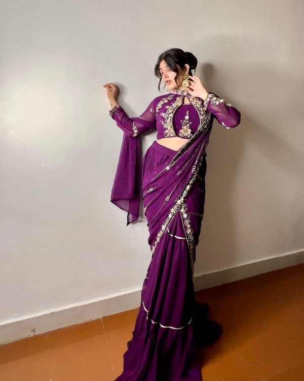 BE 280 Wine Georgette Lehenga Saree Perfect for Wedding, Party, Cultural Events, Housewarming, Ganesh Chaturthi . Affordable Price ₹2399. Delivery 4- | Creative Lehenga, Bollywood Lehenga, Designer Lehenga, Embroidered Lehenga, Lehenga, Party Wear Lehenga
