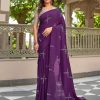 Wine Natural Silk With Thread Embroidery Saree