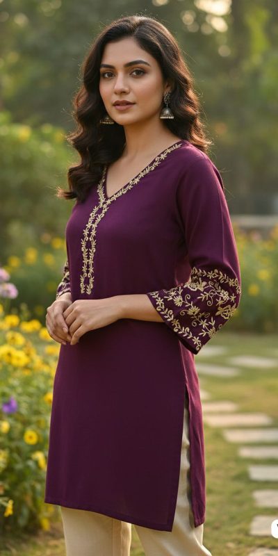 Wine Rayon Embroidery Work Kurti