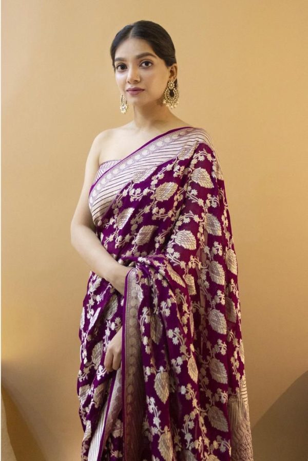 Wine Soft Lichi Silk Jacquard Zahlar Saree