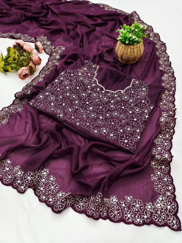 Wine Star Georgette Silk Embroidery Work Saree