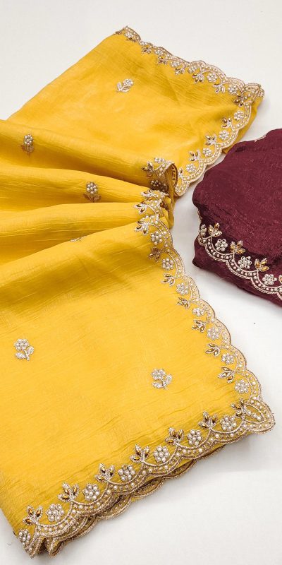 BT 1267 Yellow in Crunchy Chiffon Embroidery Work Saree . Wedding, Party, Festive, Events, Exclusive Offer ₹1749. Delivery 4-6 Working Days. Shop now. | Embroidered Sarees, Bollywood Sarees, Creative Sarees, Designer Sarees, Ethnic Saree, Modern Digital sarees, Party Wear Sarees, Sarees