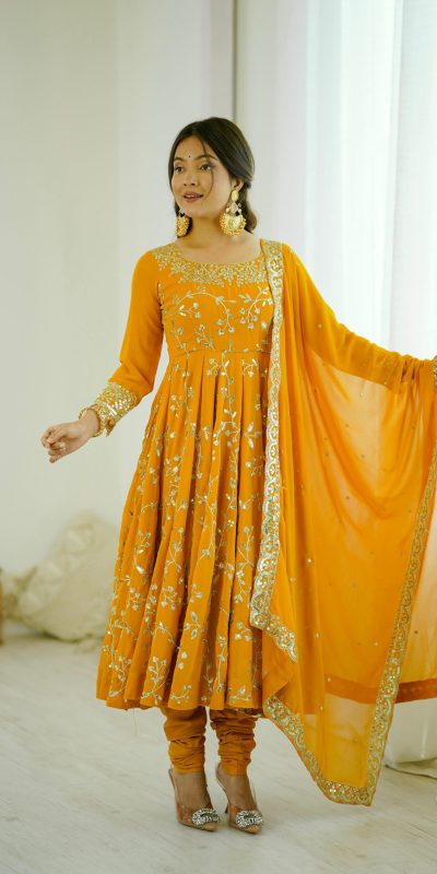 SRK 5299 Yellow Faux Georgette With Sequence Work Perfect for Wedding, Party, Temple Visit, Ganesh Chaturthi Festive, Events, 4-6 Working Days At 2149 | Bollywood Gowns, Creative Gowns, Designer Gowns, Embroidered Gowns, Gowns, Party Wear Gowns