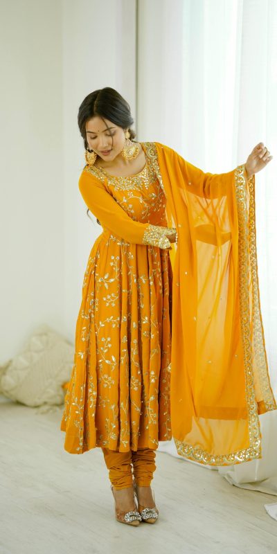SRK 5299 Yellow Faux Georgette With Sequence Work Perfect for Wedding, Party, Temple Visit, Ganesh Chaturthi Festive, Events, 4-6 Working Days At 2149 | Bollywood Gowns, Creative Gowns, Designer Gowns, Embroidered Gowns, Gowns, Party Wear Gowns