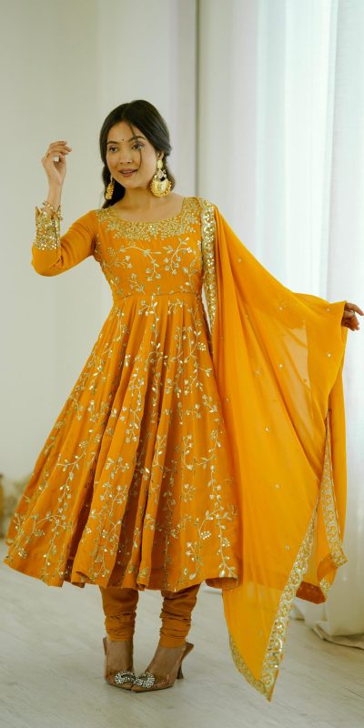 SRK 5299 Yellow Faux Georgette With Sequence Work Perfect for Wedding, Party, Temple Visit, Ganesh Chaturthi Festive, Events, 4-6 Working Days At 2149 | Bollywood Gowns, Creative Gowns, Designer Gowns, Embroidered Gowns, Gowns, Party Wear Gowns