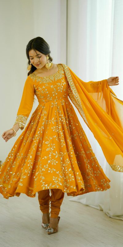 SRK 5299 Yellow Faux Georgette With Sequence Work Perfect for Wedding, Party, Temple Visit, Ganesh Chaturthi Festive, Events, 4-6 Working Days At 2149 | Bollywood Gowns, Creative Gowns, Designer Gowns, Embroidered Gowns, Gowns, Party Wear Gowns