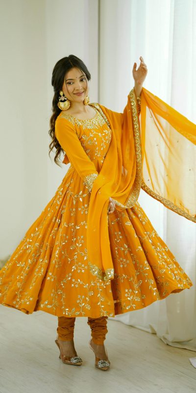 SRK 5299 Yellow Faux Georgette With Sequence Work Perfect for Wedding, Party, Temple Visit, Ganesh Chaturthi Festive, Events, 4-6 Working Days At 2149 | Bollywood Gowns, Creative Gowns, Designer Gowns, Embroidered Gowns, Gowns, Party Wear Gowns
