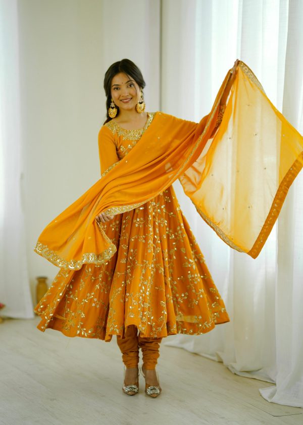 SRK 5299 Yellow Faux Georgette With Sequence Work Perfect for Wedding, Party, Temple Visit, Ganesh Chaturthi Festive, Events, 4-6 Working Days At 2149 | Bollywood Gowns, Creative Gowns, Designer Gowns, Embroidered Gowns, Gowns, Party Wear Gowns