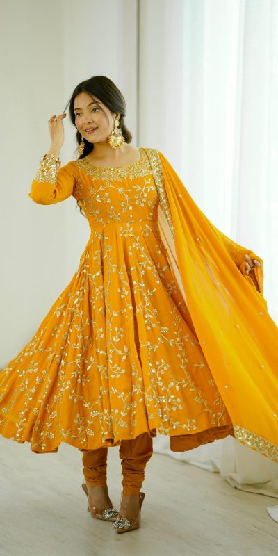 SRK 5299 Yellow Faux Georgette With Sequence Work Perfect for Wedding, Party, Temple Visit, Ganesh Chaturthi Festive, Events, 4-6 Working Days At 2149 | Bollywood Gowns, Creative Gowns, Designer Gowns, Embroidered Gowns, Gowns, Party Wear Gowns