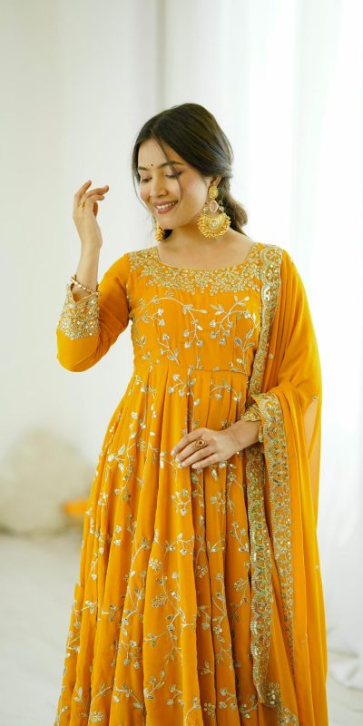 SRK 5299 Yellow Faux Georgette With Sequence Work Perfect for Wedding, Party, Temple Visit, Ganesh Chaturthi Festive, Events, 4-6 Working Days At 2149 | Bollywood Gowns, Creative Gowns, Designer Gowns, Embroidered Gowns, Gowns, Party Wear Gowns