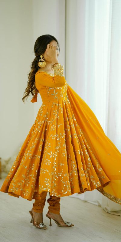 SRK 5299 Yellow Faux Georgette With Sequence Work Perfect for Wedding, Party, Temple Visit, Ganesh Chaturthi Festive, Events, 4-6 Working Days At 2149 | Bollywood Gowns, Creative Gowns, Designer Gowns, Embroidered Gowns, Gowns, Party Wear Gowns