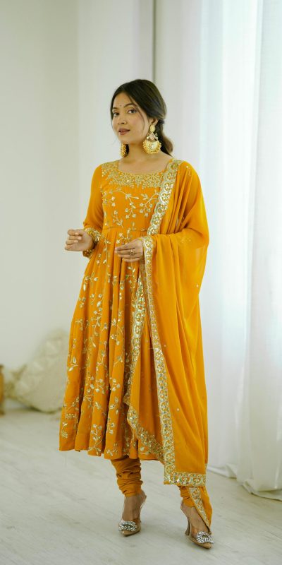 SRK 5299 Yellow Faux Georgette With Sequence Work Perfect for Wedding, Party, Temple Visit, Ganesh Chaturthi Festive, Events, 4-6 Working Days At 2149 | Bollywood Gowns, Creative Gowns, Designer Gowns, Embroidered Gowns, Gowns, Party Wear Gowns