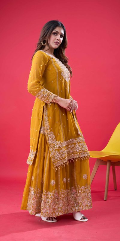 SR 1688 Yellow Faux Georgette with Lace Work & Embroidery Work. Salwar Suit Introductory Price ₹1949. Delivery 4-6 Working Days. Shop now. | Casual Suits, Jump Suits, Creative suits, Designer Suits, Palazzo Suits, Party Wear Suits, Patiala Suits, Salwar suit, Straight Suits