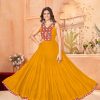 Yellow Rayon Lace Work Gamthi Work Gown