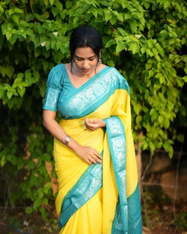 KP 3025 Yellow Soft Lichi Silk Saree Perfect for Wedding, Party, Baby Shower, Onam, Durga Puja . Available at ₹1449 only. Delivery 4-6 Working Days. | Embroidered Sarees, Bollywood Sarees, Creative Sarees, Designer Sarees, Ethnic Saree, Modern Digital sarees, Party Wear Sarees, Sarees
