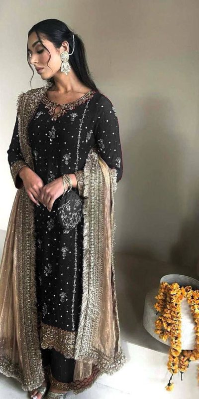 Black Faux Georgette Sequence Moti Work Salwar Suit