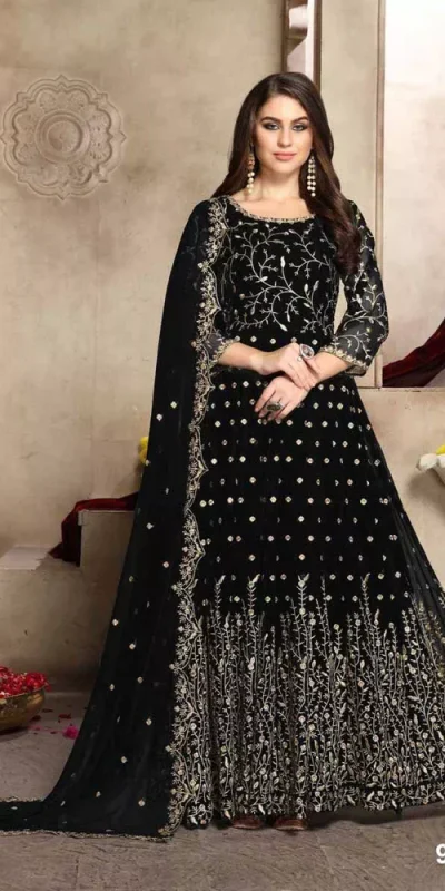 FC 94001 Black Color Georgette Multi Thread Zari Stich Anarkali Suit Wedding, Party, Festive events, etc. Expected Delivery  4-6 Working Days @2399/- | Anarkali Suits, Bollywood Anarkali, Creative-Anarkali, Designer Anarkali, Embroidered Anarkali, Party Wear Anarkali