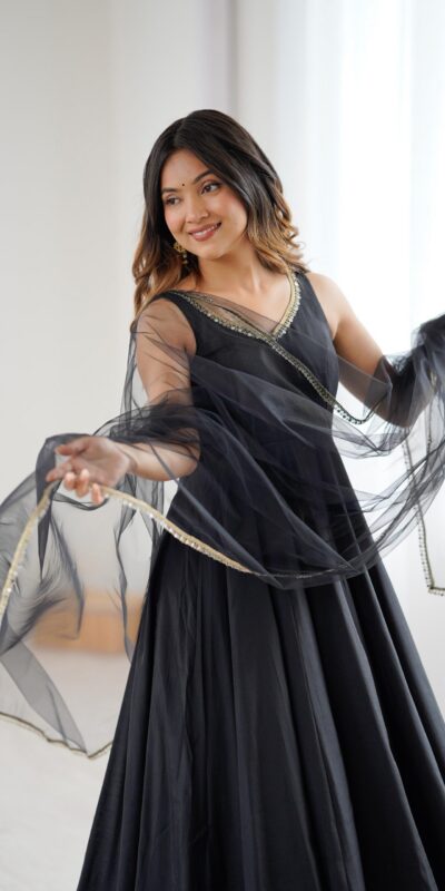 KB 285 Black in Roman Silk Chanderi Mirror Work & Lace Work Gown . Best Price ₹1929. Delivery 4-6 Working Days. Shop now. | Casual Suits, Jump Suits, Creative suits, Designer Suits, Palazzo Suits, Party Wear Suits, Patiala Suits, Salwar suit, Straight Suits