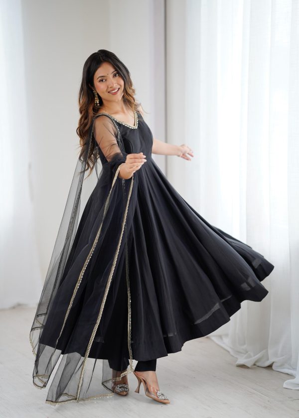 Black Roman Silk Chanderi Mirror Work Gown