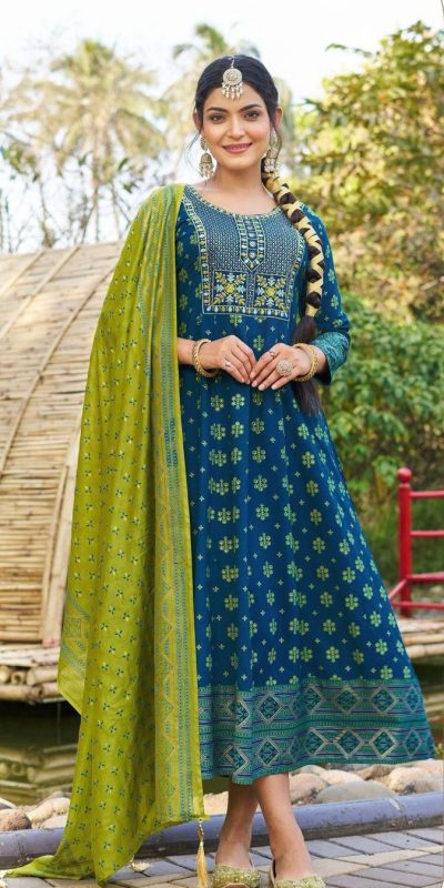 Blue Rayon Embroidery Work Gown