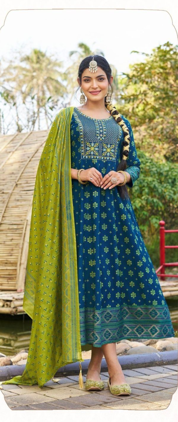 Blue Rayon Embroidery Work Gown