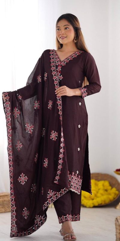 Brown Chinnon Silk Lace Embroidery Work Salwar Suit