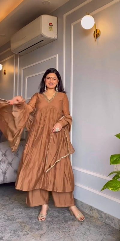 AD 152 Brown Color Pure Chinon Silk Embroidery Gown Fancy Full Sleeve Wedding, Party, Festive, Events Etc. Expected Delivery  4-6 Working Days @1799/ | Casual Suits, Jump Suits, Creative suits, Designer Suits, Palazzo Suits, Party Wear Suits, Patiala Suits, Salwar suit, Straight Suits