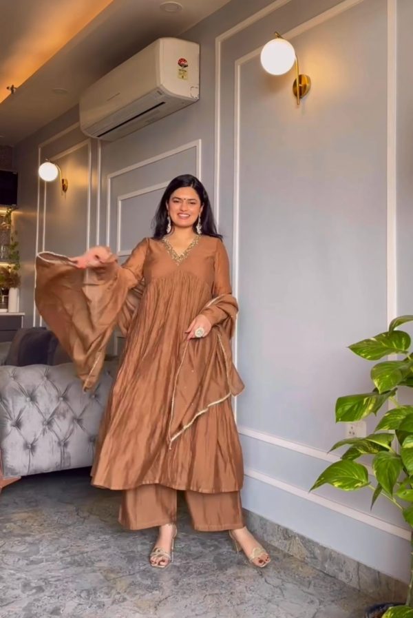 AD 152 Brown Color Pure Chinon Silk Embroidery Gown Fancy Full Sleeve Wedding, Party, Festive, Events Etc. Expected Delivery  4-6 Working Days @1799/ | Casual Suits, Jump Suits, Creative suits, Designer Suits, Palazzo Suits, Party Wear Suits, Patiala Suits, Salwar suit, Straight Suits
